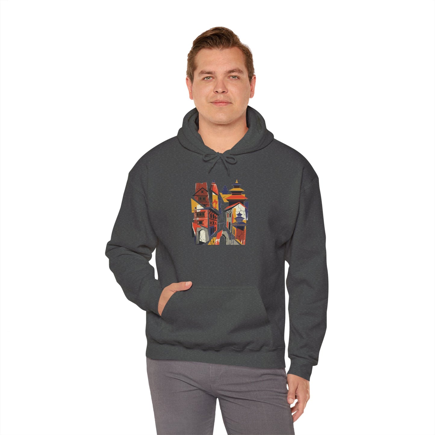 Cityscape Collage Hoodie — Colorful Urban Architecture Graphic Hoodie