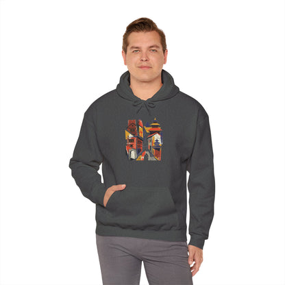 Cityscape Collage Hoodie — Colorful Urban Architecture Graphic Hoodie
