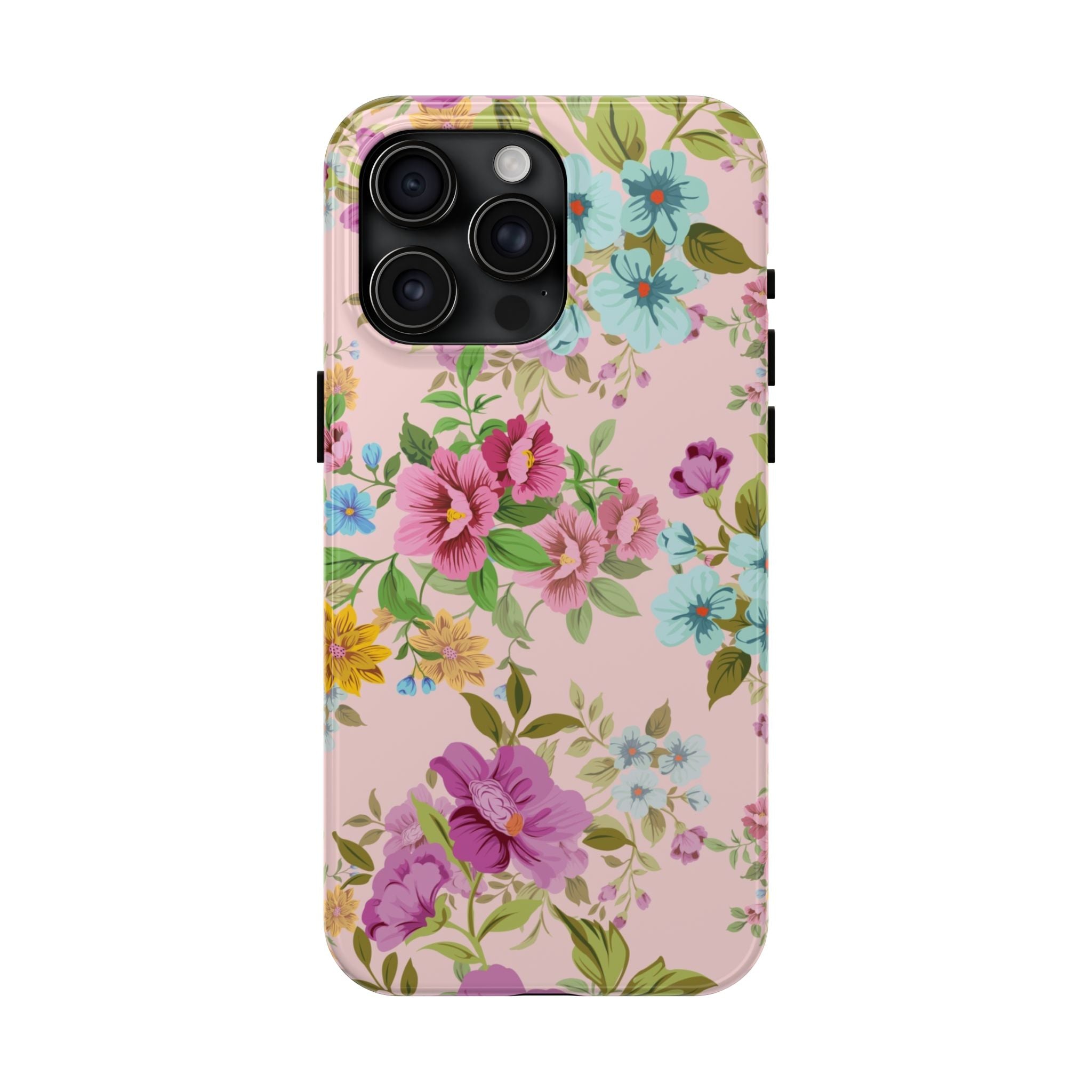 Floral Vintage Tough Phone Case — Pink Rose & Blue Blossom Protective Cover