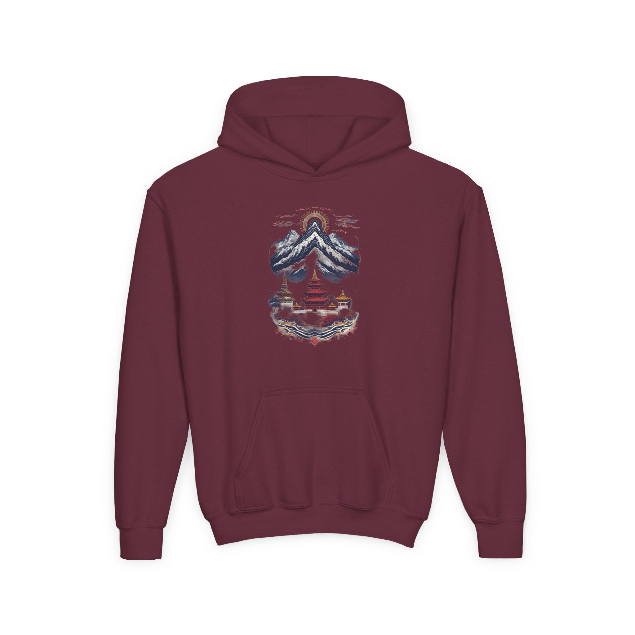 Youth Hoodie — Mountain Pagoda Watercolor Graphic (Asian Temple Winter Vibe)