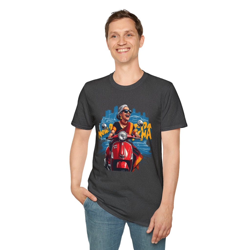 Newa Maicha Riding Scooter T-Shirt – Newari Woman in New York Graphic Tee, Cultural & Urban Design