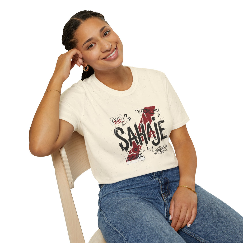 SAHAJE Graphic T‑Shirt — Distressed Red Accent Streetwear Tee