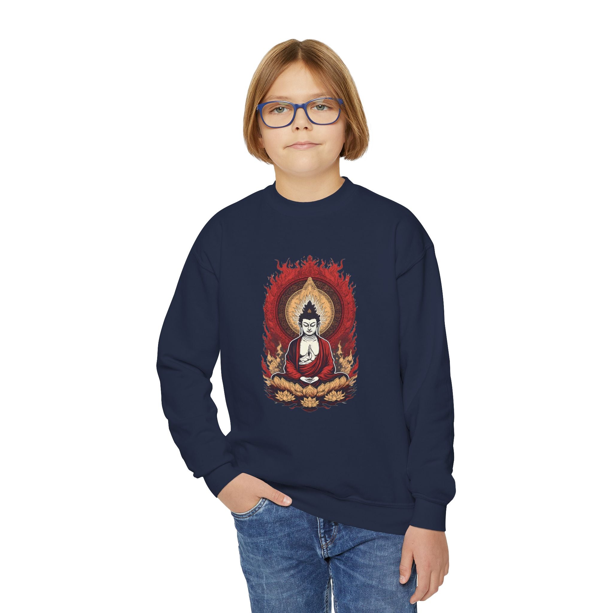 Buddha Flame Youth Crewneck Sweatshirt - Meditating Lotus Graphic