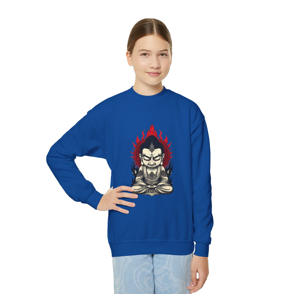 Flaming Meditating Buddha Youth Crewneck Sweatshirt — Zen Graphic Sweater for Kids