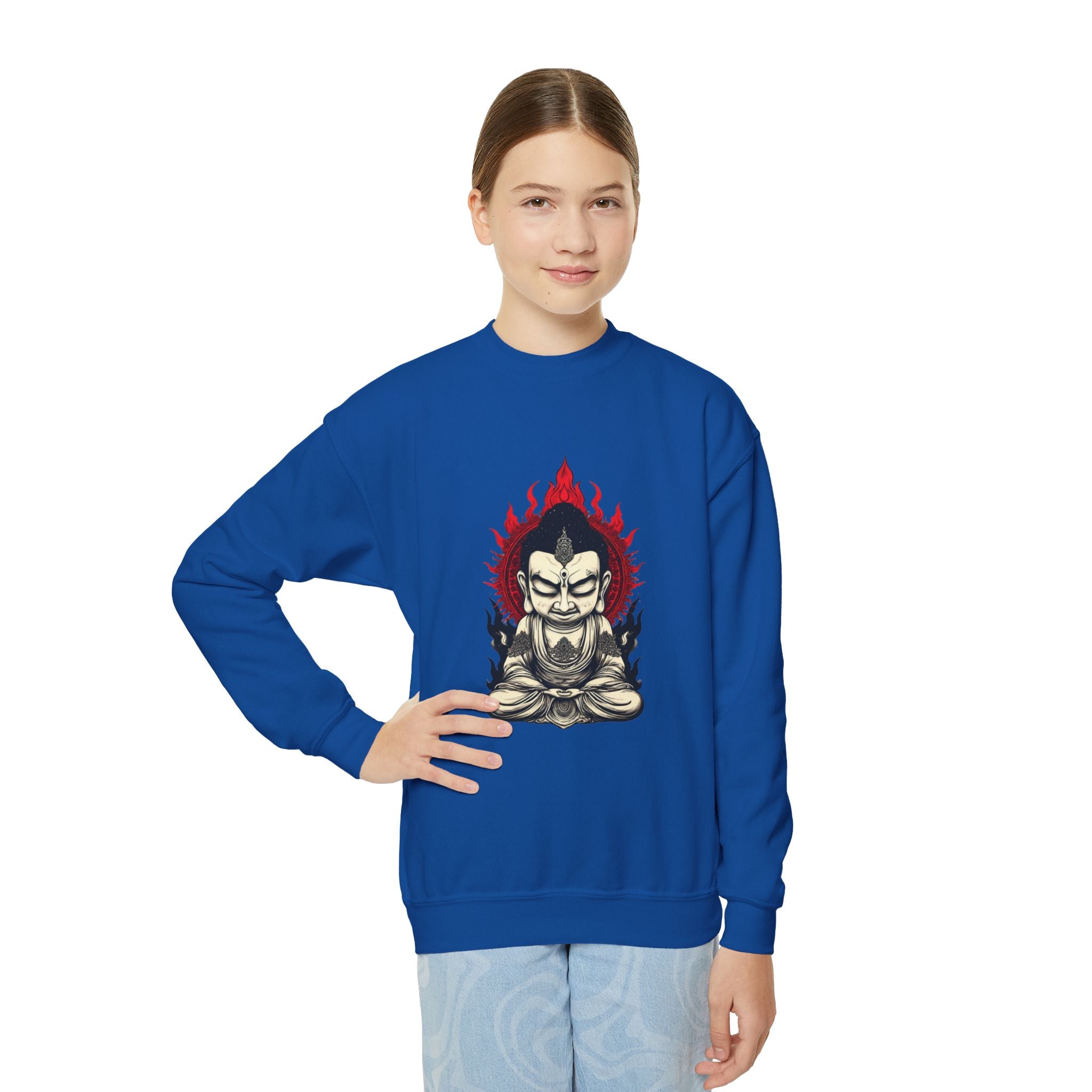Flaming Meditating Buddha Youth Crewneck Sweatshirt — Zen Graphic Sweater for Kids