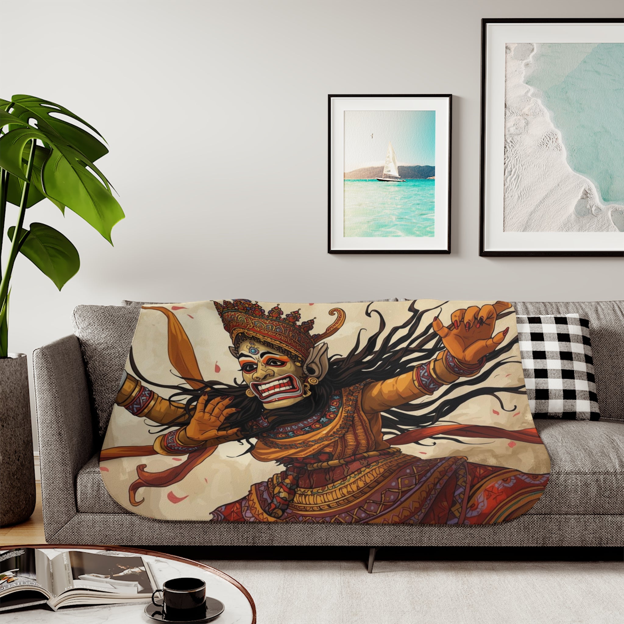 Mythic Dance Sherpa Blanket — Balinese Barong Art Throw