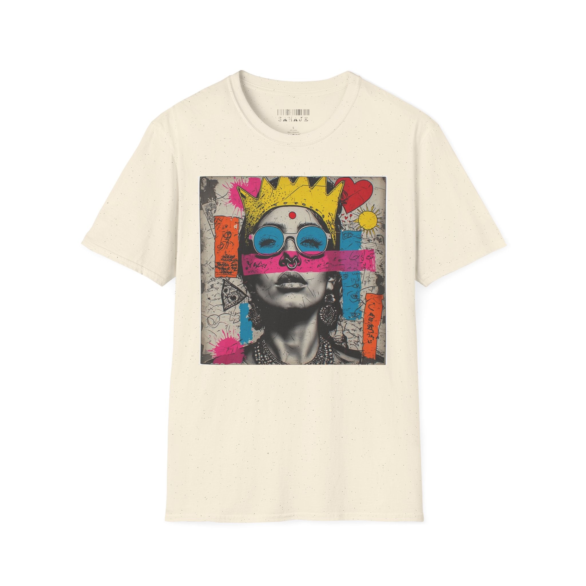 Abstract Pop Art Portrait T-Shirt — Neon Crown & Sunglasses Graphic