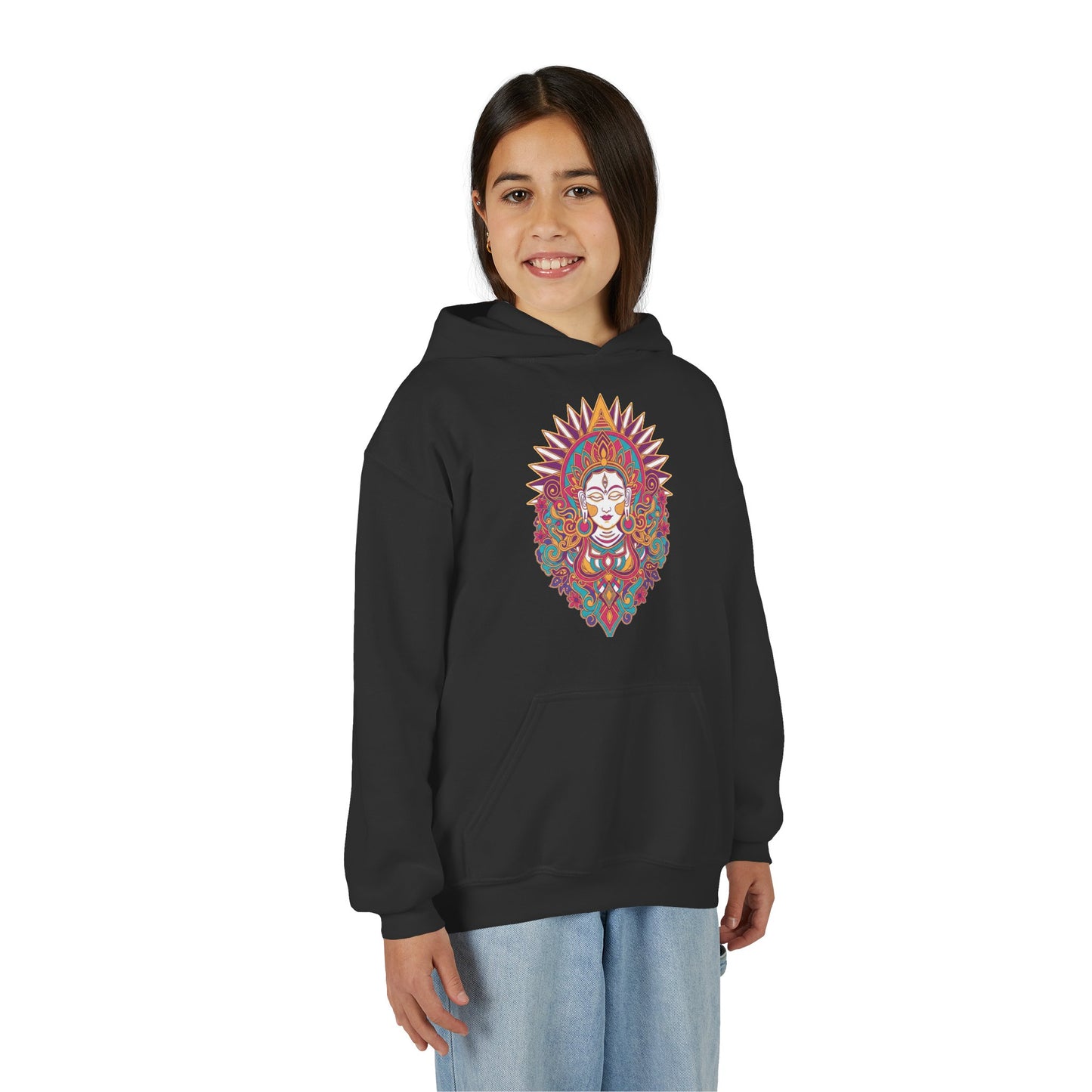 Youth Hoodie with Colorful Sugar Skull Goddess Design — Day of the Dead Kids Pullover