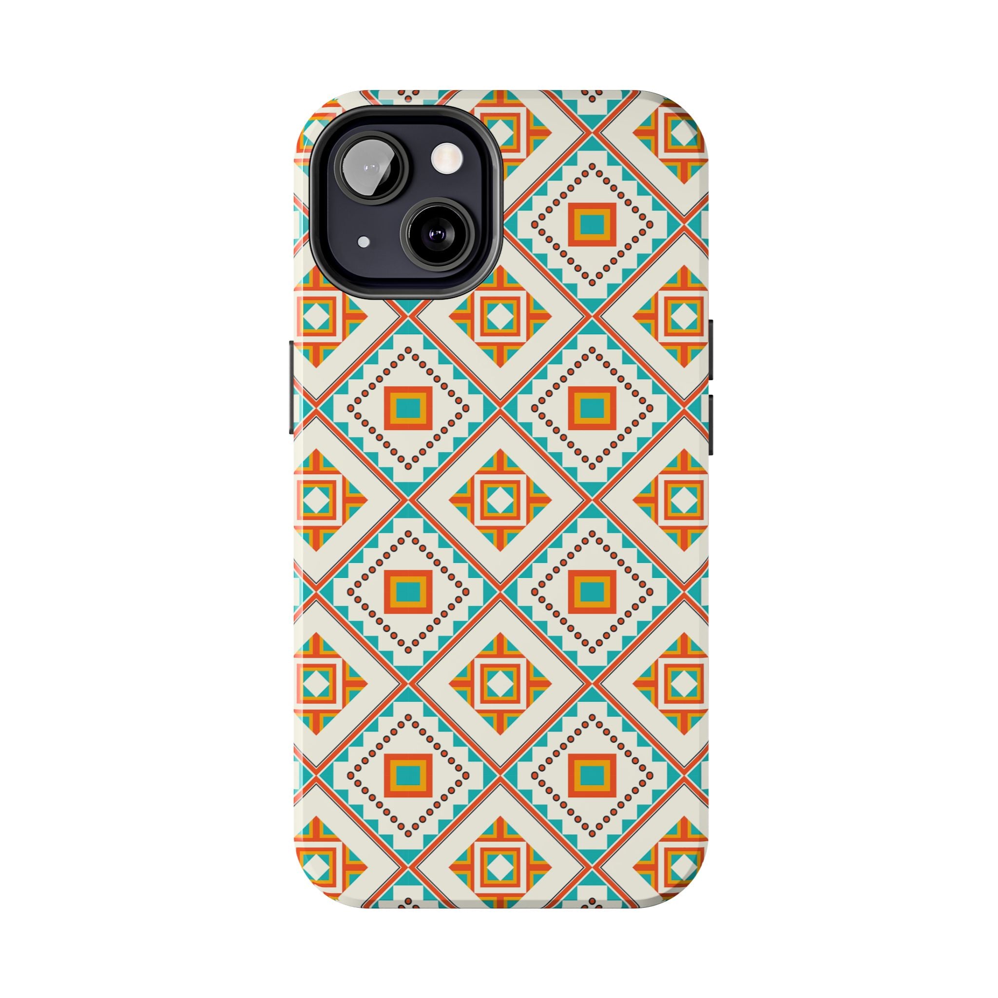 Tough Phone Case — Geometric Retro Tile Pattern, Orange & Teal Protective Cover