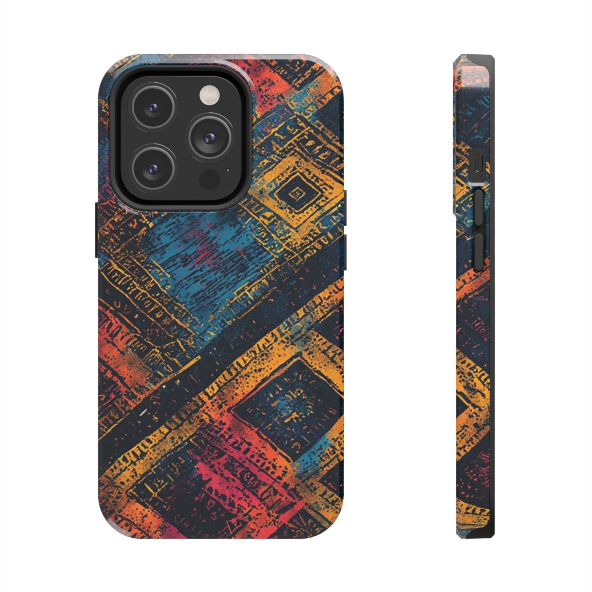 Tough Phone Case – Abstract Rustic Geometric Design (Blue, Orange, Magenta)