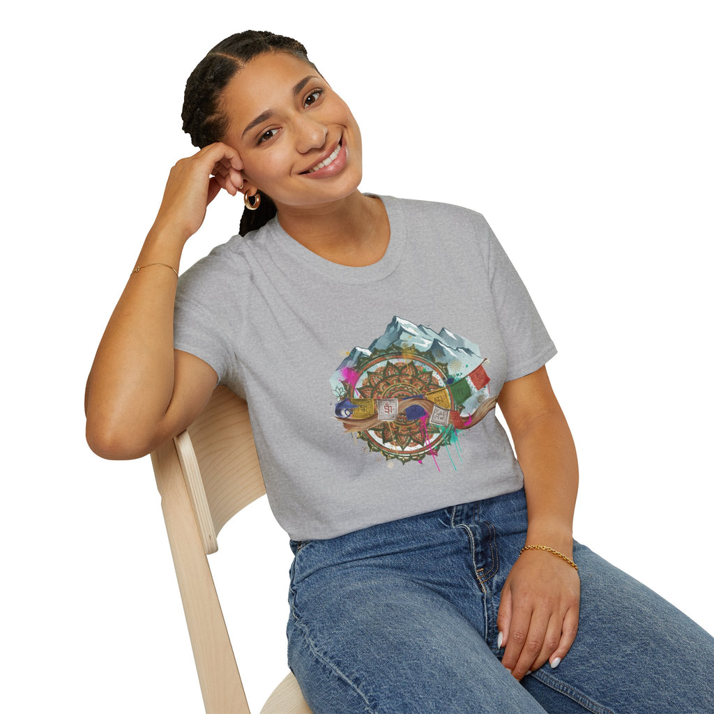 Adventure Compass T-Shirt — Mountain Compass with Prayer Flags & Colorful Globe