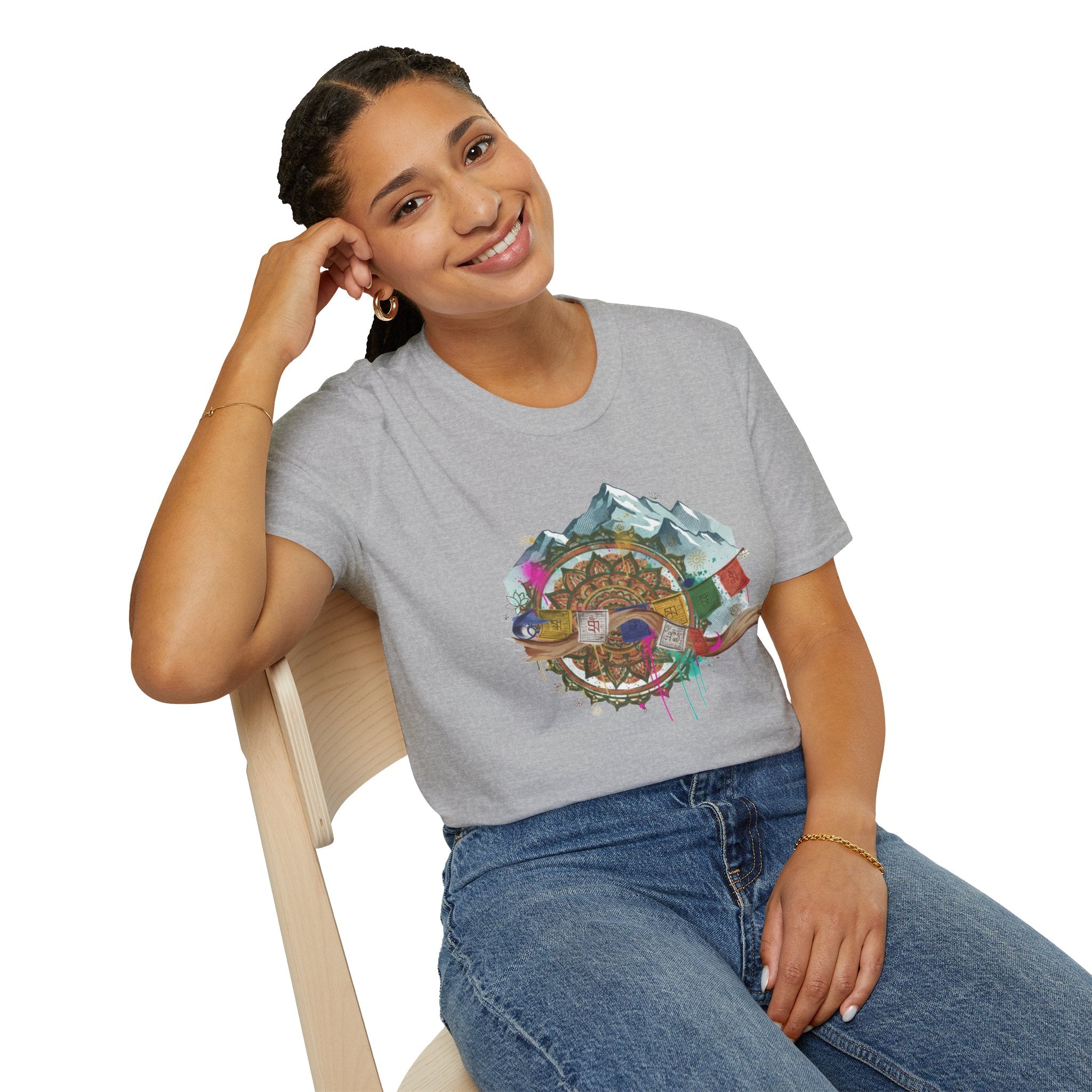 Adventure Compass T-Shirt — Mountain Compass with Prayer Flags & Colorful Globe