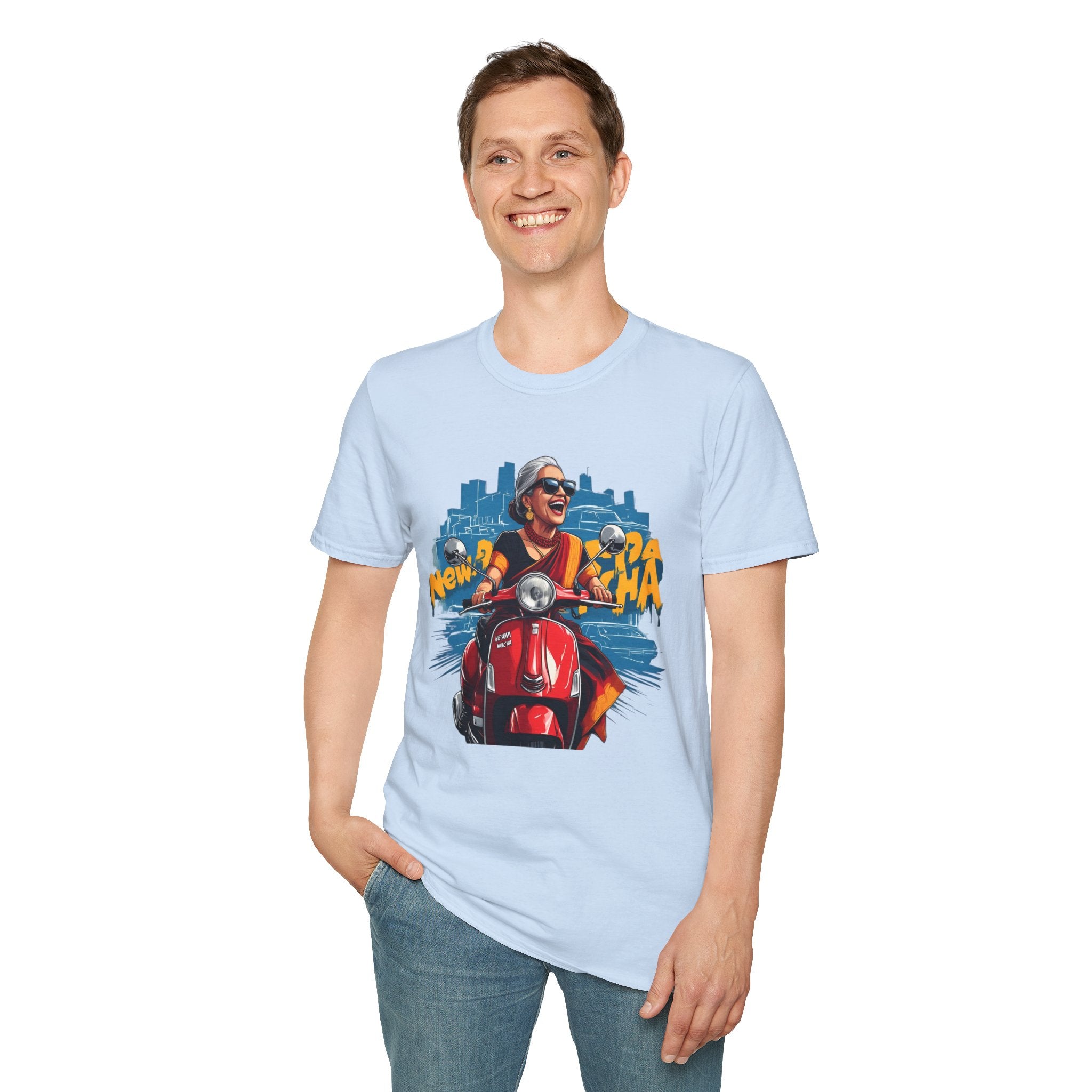 Newa Maicha Riding Scooter T-Shirt – Newari Woman in New York Graphic Tee, Cultural & Urban Design