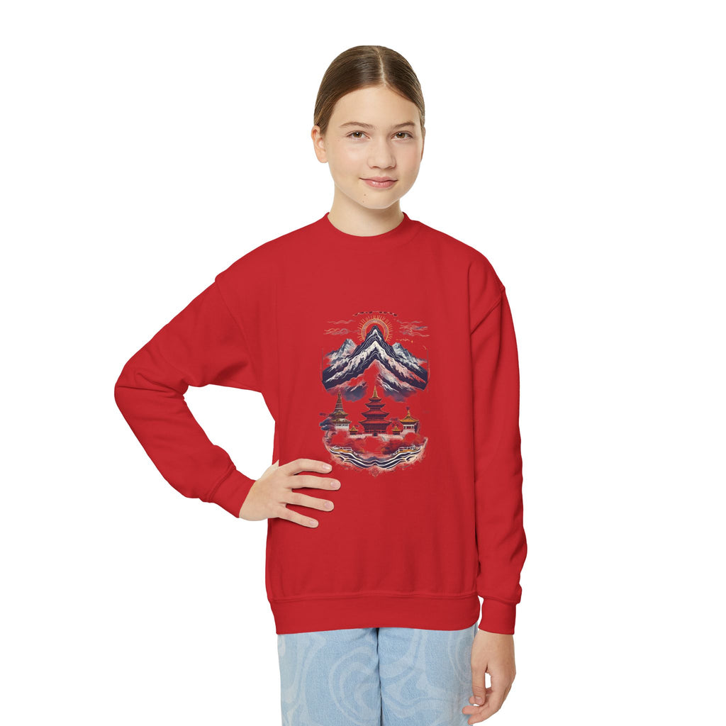 Youth Mountain Holiday Crewneck Sweatshirt — Cozy Winter Tree Graphic