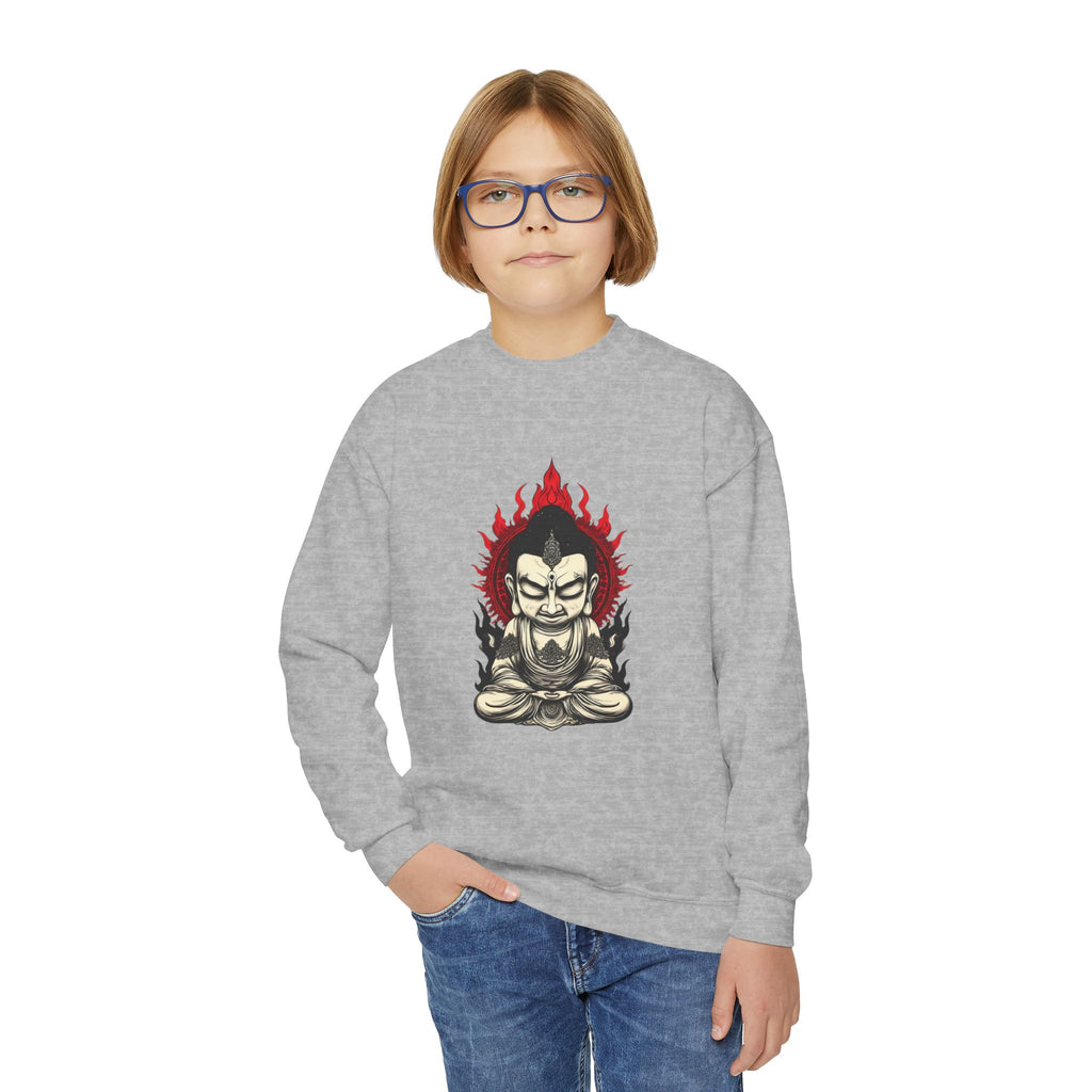 Flaming Meditating Buddha Youth Crewneck Sweatshirt — Zen Graphic Sweater for Kids