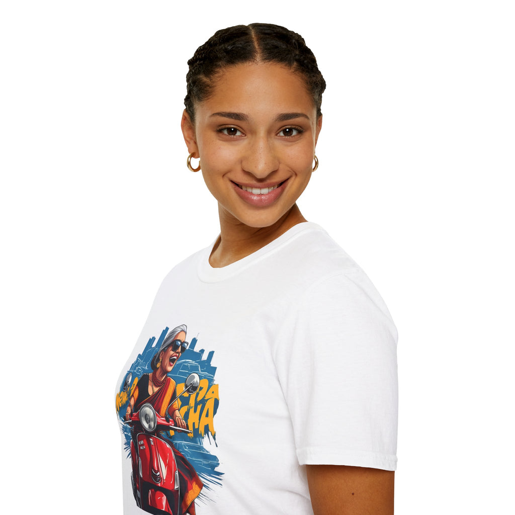 Newa Maicha Riding Scooter T-Shirt – Newari Woman in New York Graphic Tee, Cultural & Urban Design