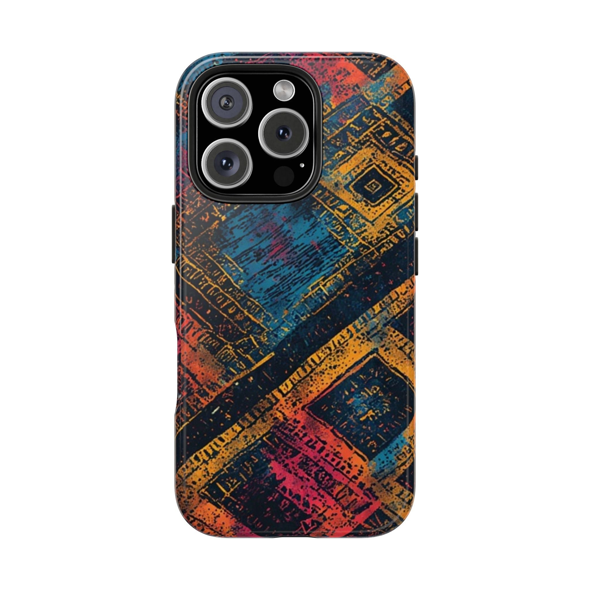 Tough Phone Case – Abstract Rustic Geometric Design (Blue, Orange, Magenta)