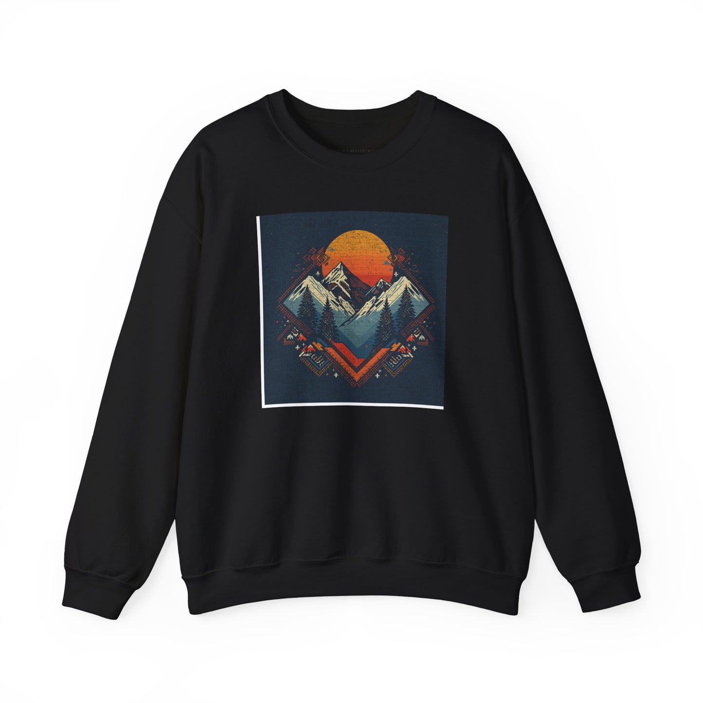 Mountain Sunset Crewneck Sweatshirt — Retro Geometric Peaks Graphic