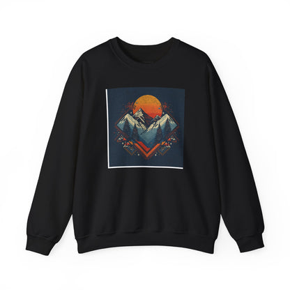 Mountain Sunset Crewneck Sweatshirt — Retro Geometric Peaks Graphic