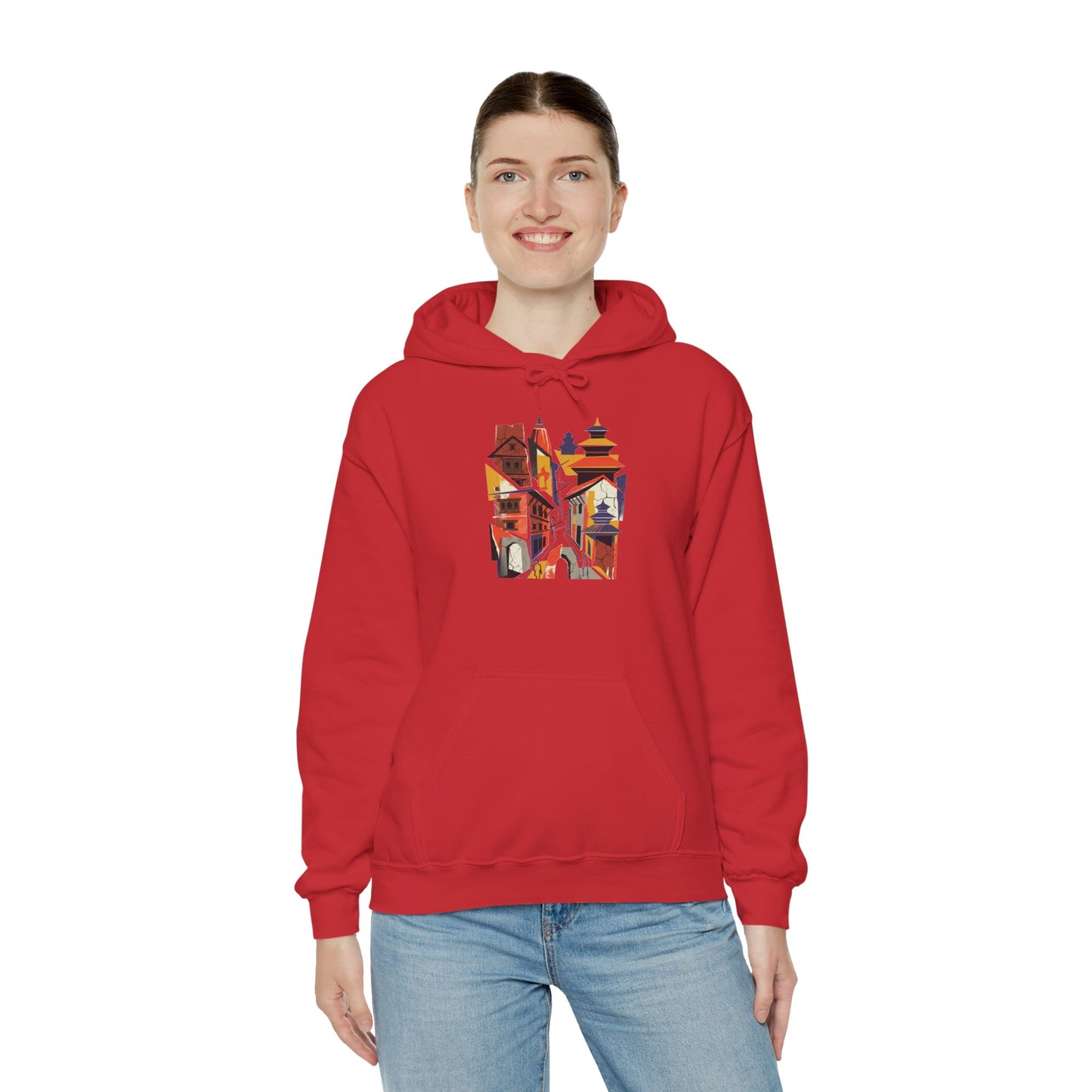 Cityscape Collage Hoodie — Colorful Urban Architecture Graphic Hoodie