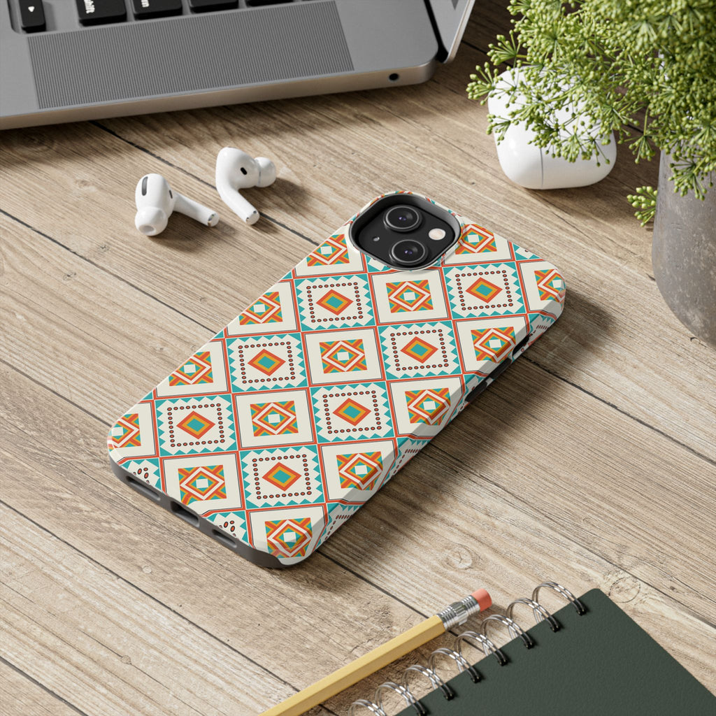 Tough Phone Case — Geometric Retro Tile Pattern, Orange & Teal Protective Cover