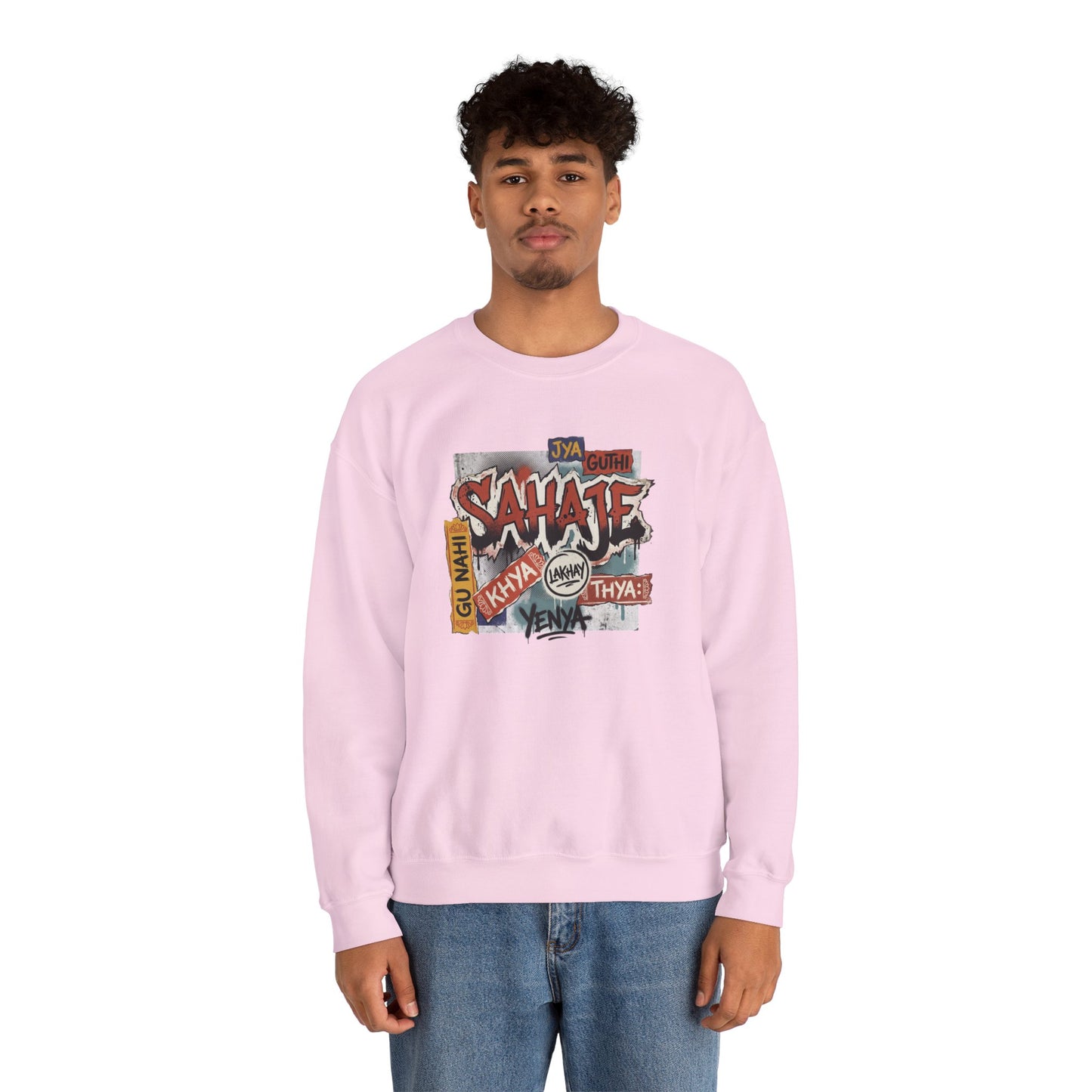 Crewneck Sweatshirt — 'Sahaje' Vintage Sticker Collage Graphic