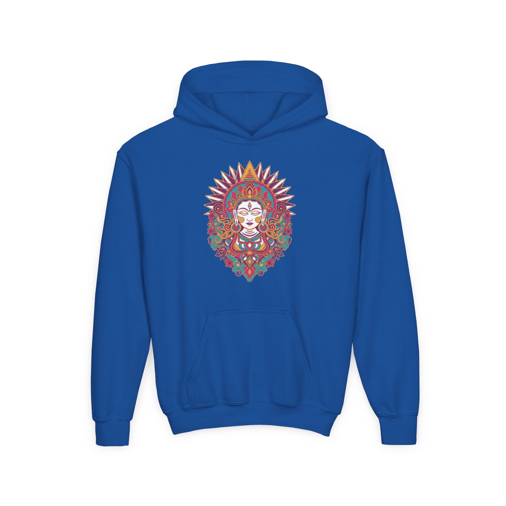 Youth Hoodie with Colorful Sugar Skull Goddess Design — Day of the Dead Kids Pullover