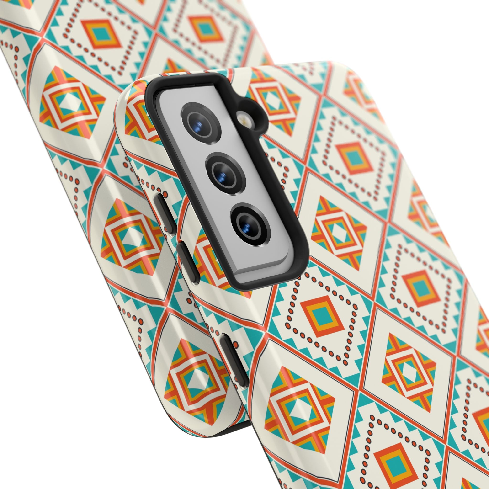 Tough Phone Case — Geometric Retro Tile Pattern, Orange & Teal Protective Cover