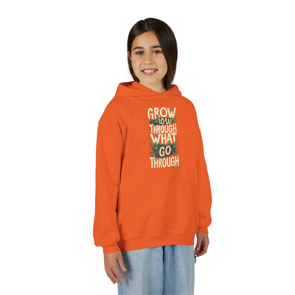 Youth Hoodie — 'Grow Slow, Go Through' Floral Motivational Hooded Sweatshirt