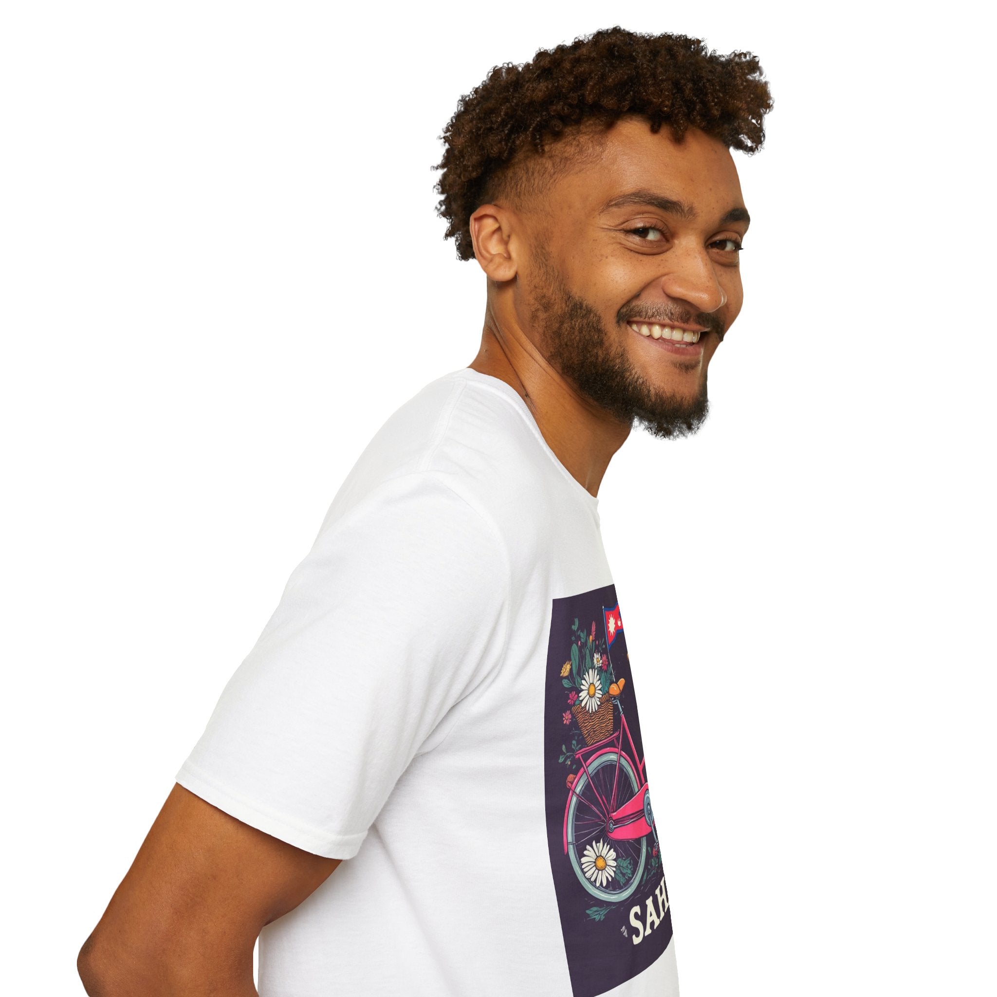 Bicycle Floral T-Shirt – Pink Bike with Baskets & "Sahaje" Text
