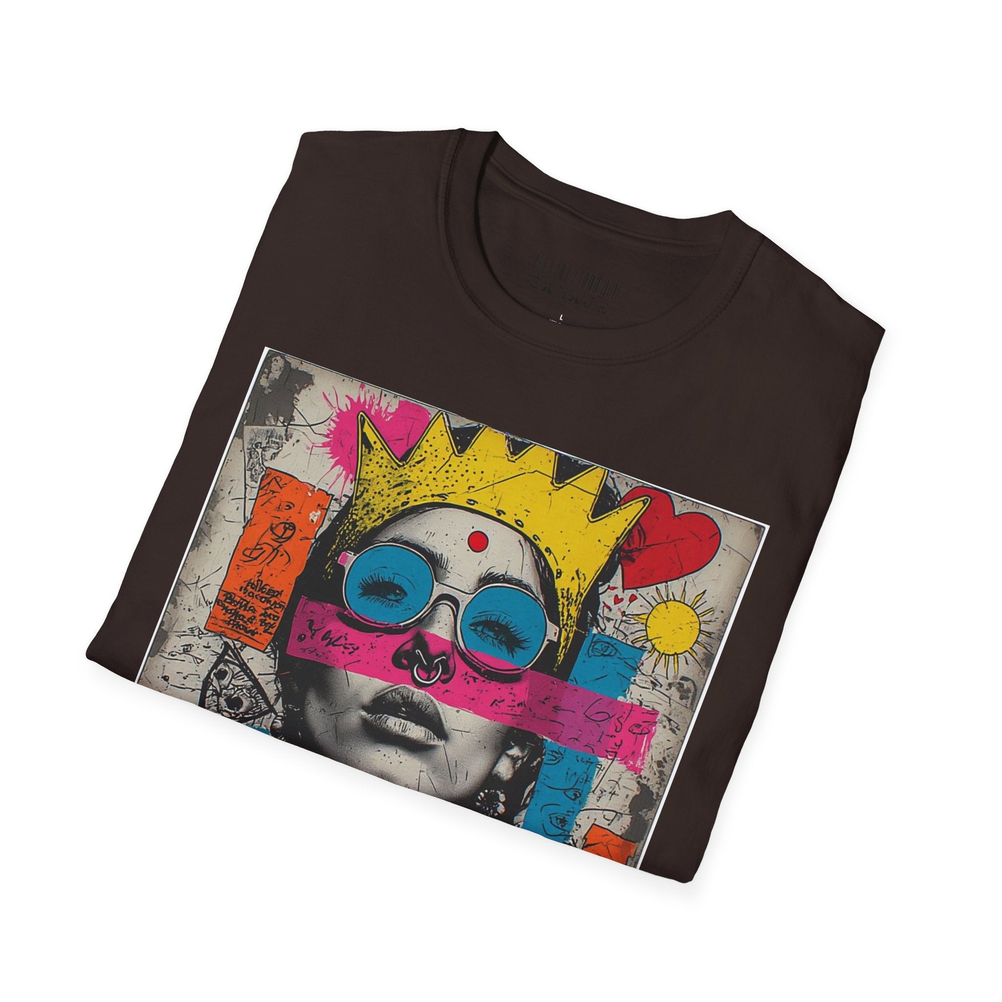 Abstract Pop Art Portrait T-Shirt — Neon Crown & Sunglasses Graphic