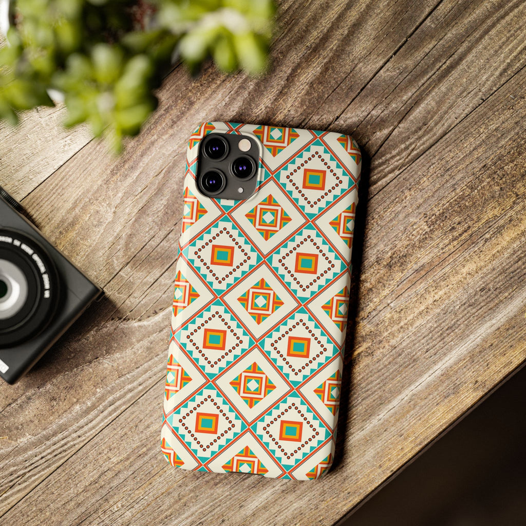 Slim Phone Case — Retro Geometric Tile Pattern (Turquoise & Orange)