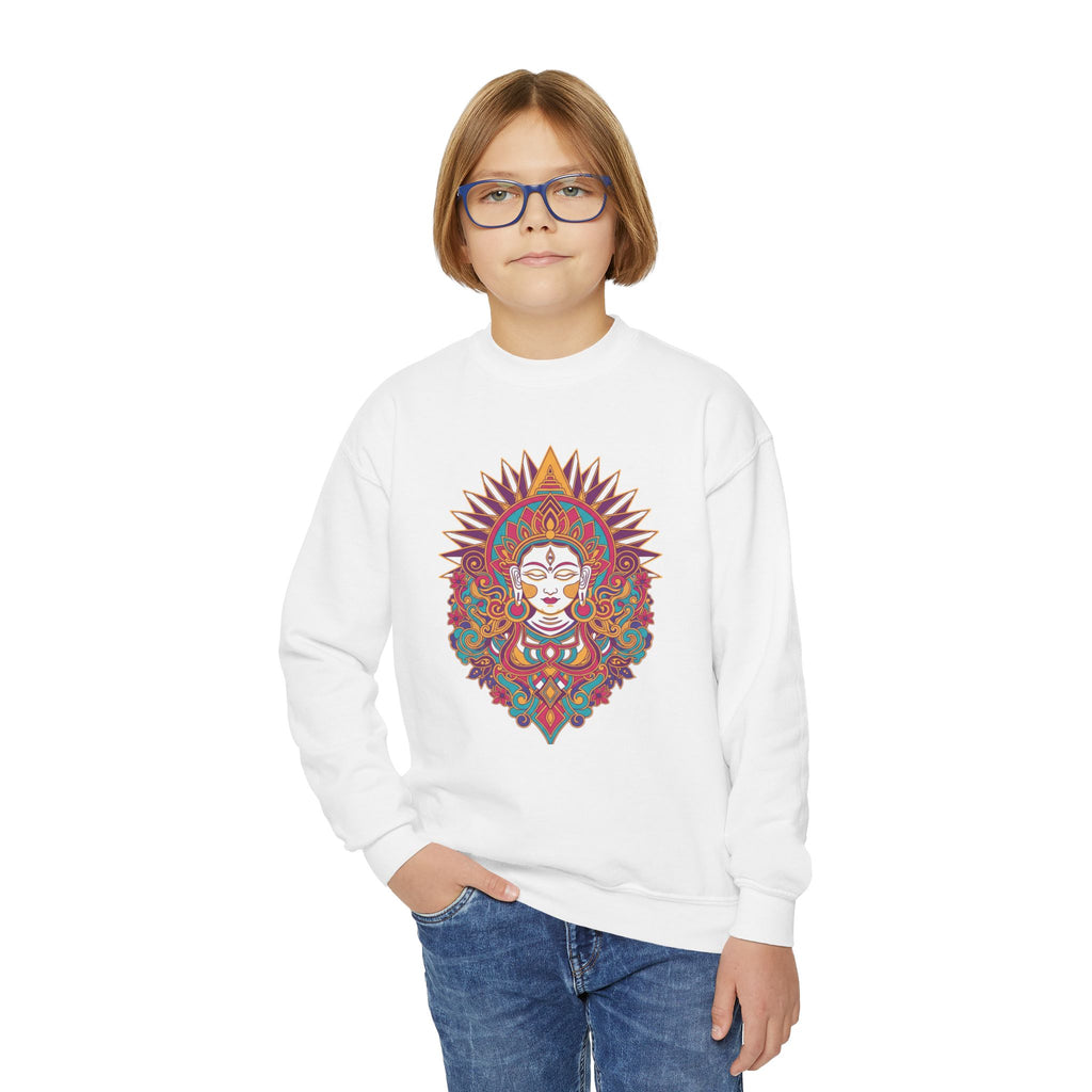 Youth Crewneck Sweatshirt — Colorful Boho Sun Goddess Graphic