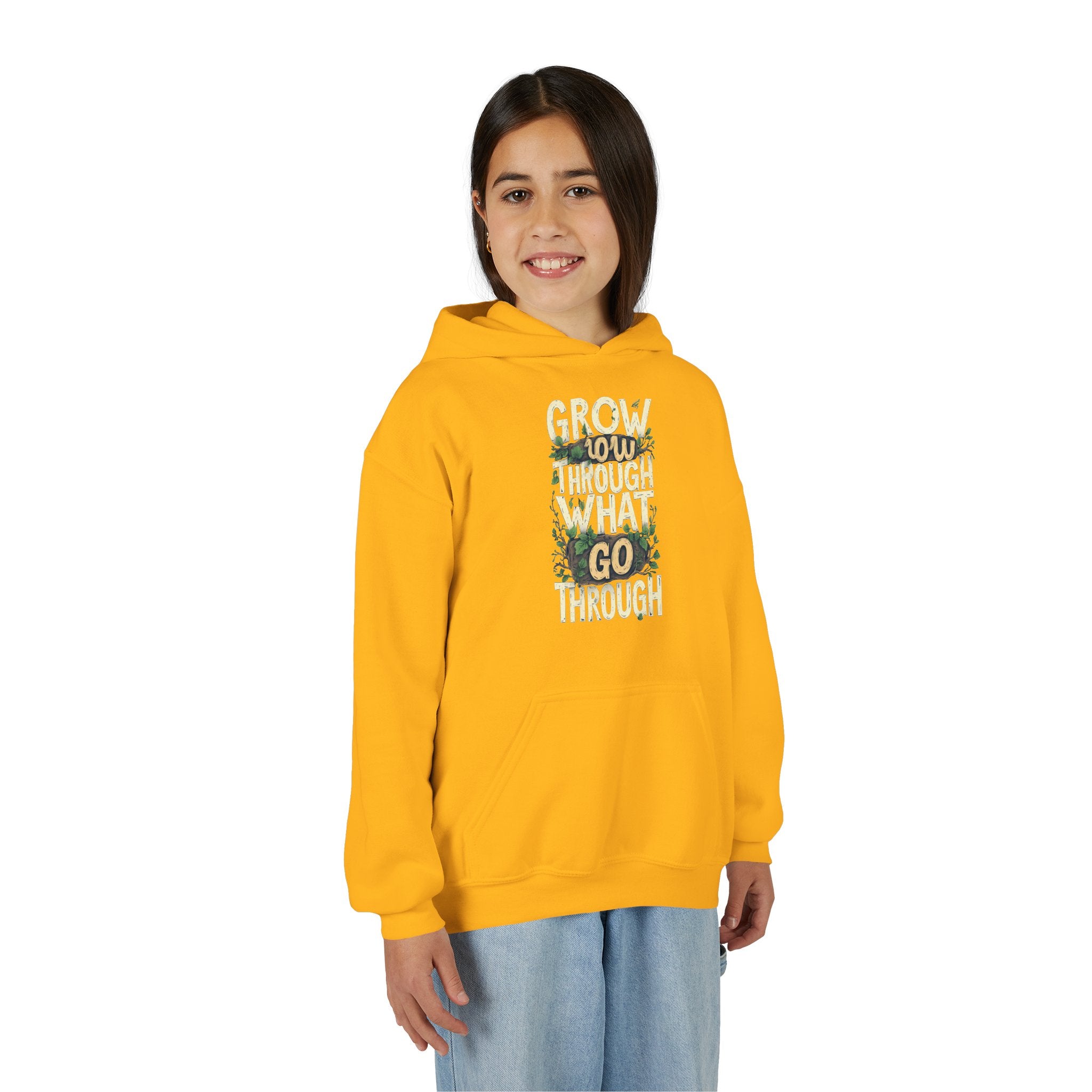 Youth Hoodie — 'Grow Slow, Go Through' Floral Motivational Hooded Sweatshirt