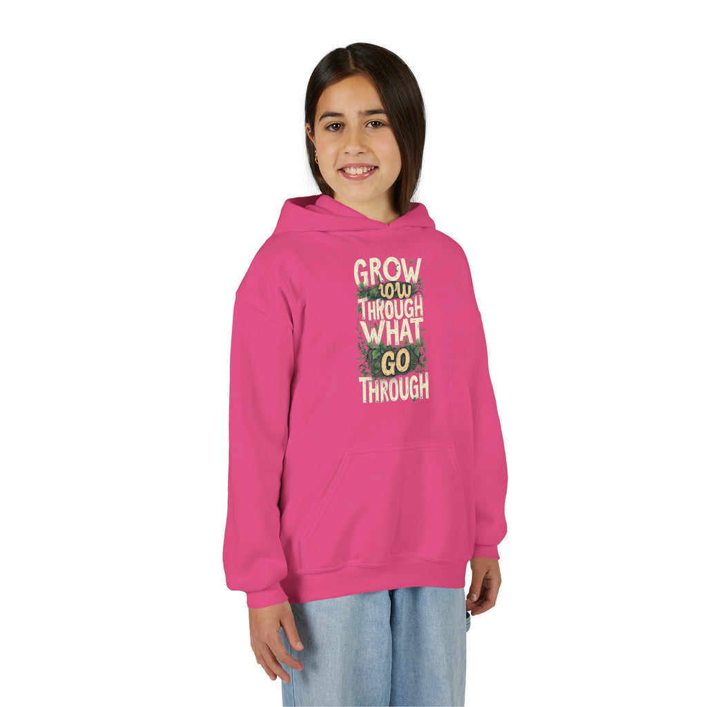 Youth Hoodie — 'Grow Slow, Go Through' Floral Motivational Hooded Sweatshirt