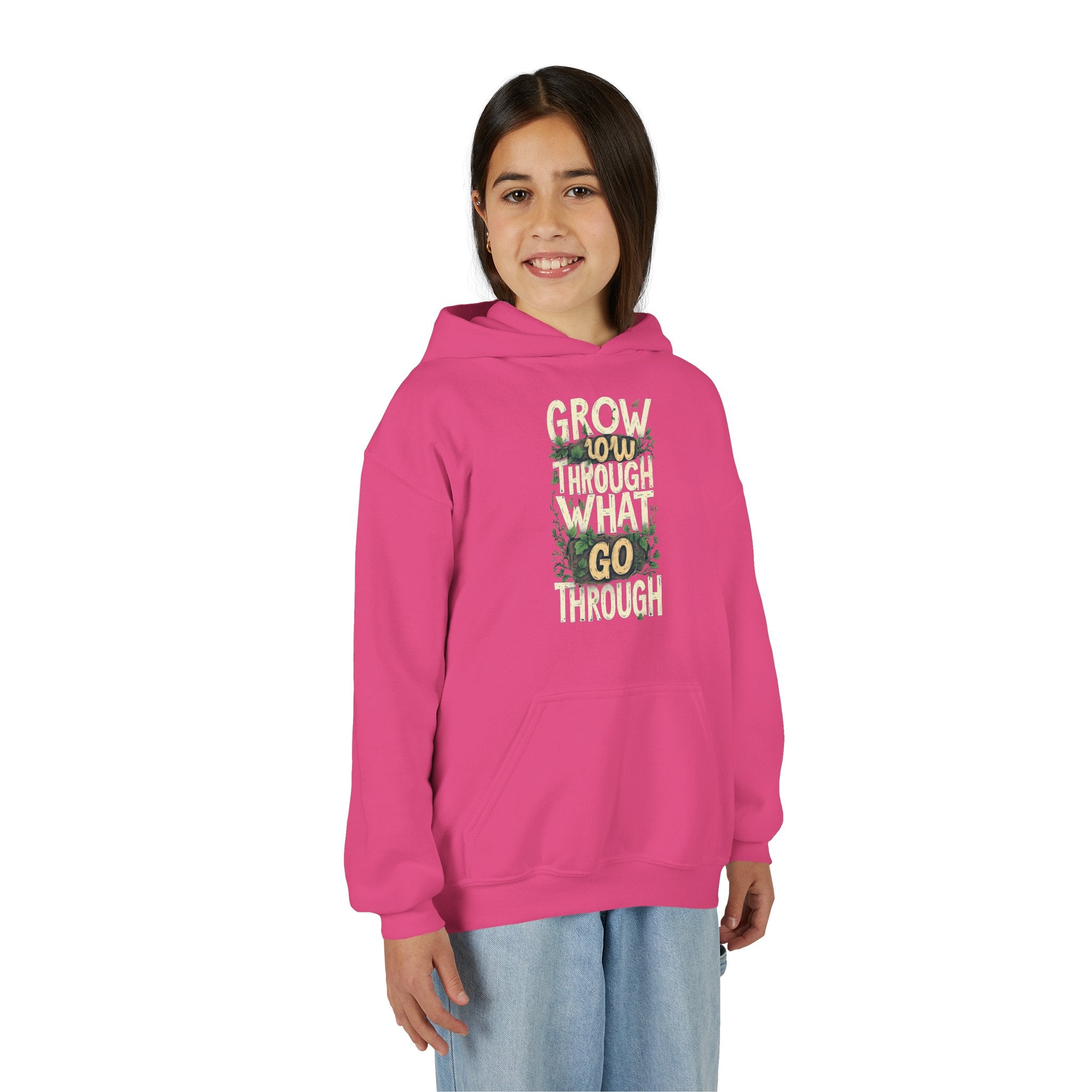 Youth Hoodie — 'Grow Slow, Go Through' Floral Motivational Hooded Sweatshirt
