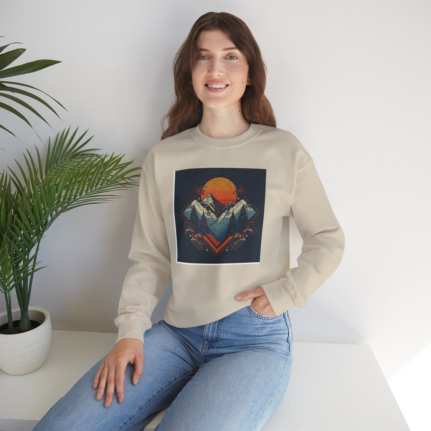 Mountain Sunset Crewneck Sweatshirt — Retro Geometric Peaks Graphic