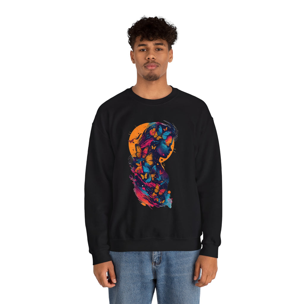 Butterfly Silhouette Crewneck Sweatshirt — Colorful Butterfly Profile Graphic