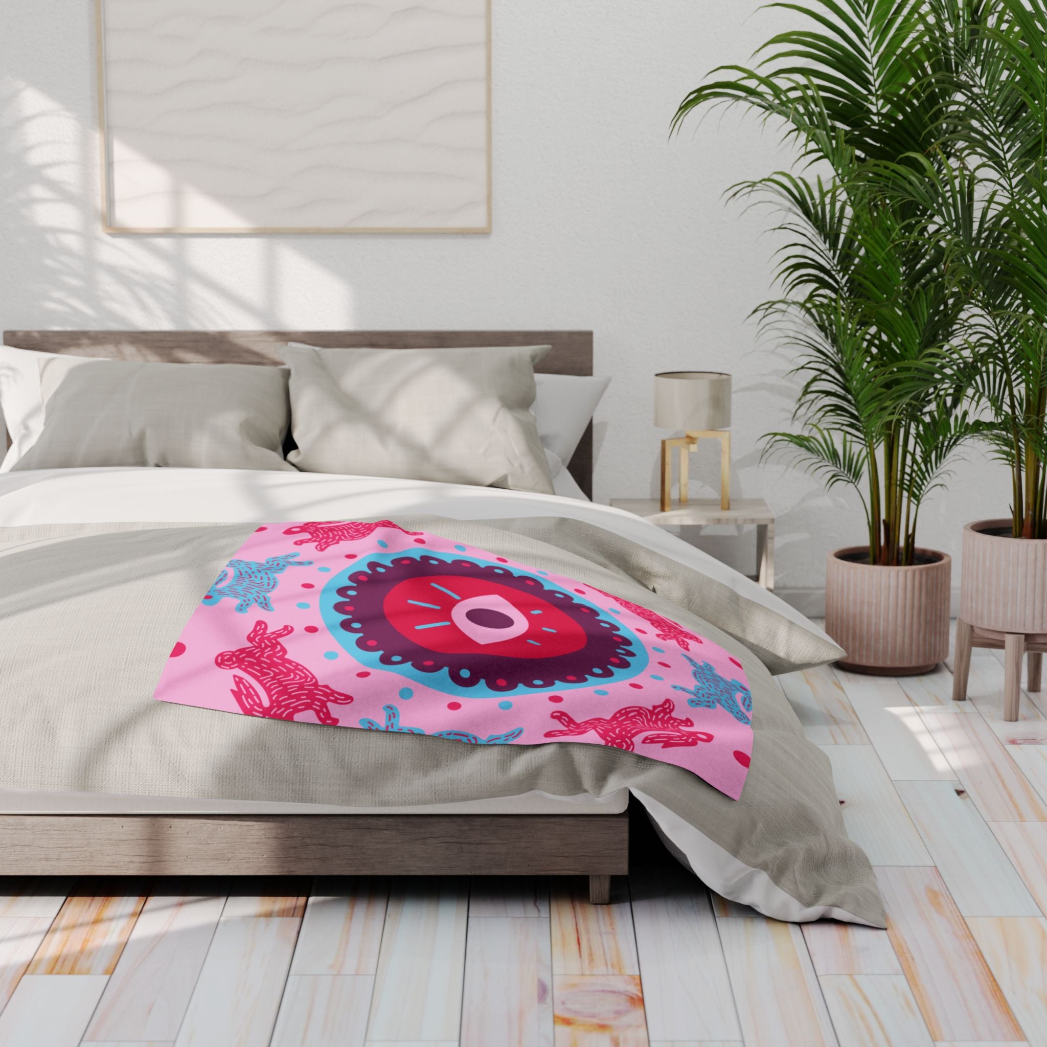 Pink Arctic Fleece Blanket — Mystical Eye & Polar Bear Pattern Cozy Throw