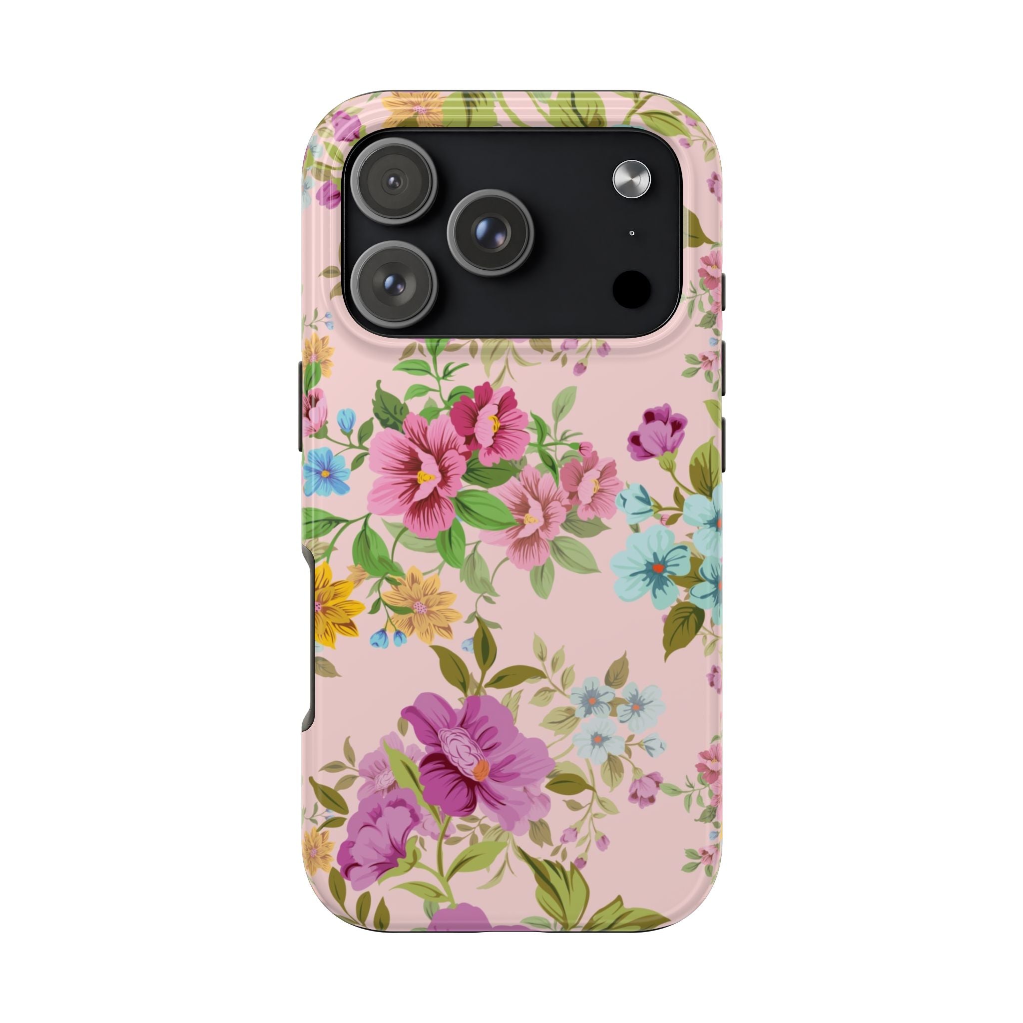 Floral Vintage Tough Phone Case — Pink Rose & Blue Blossom Protective Cover