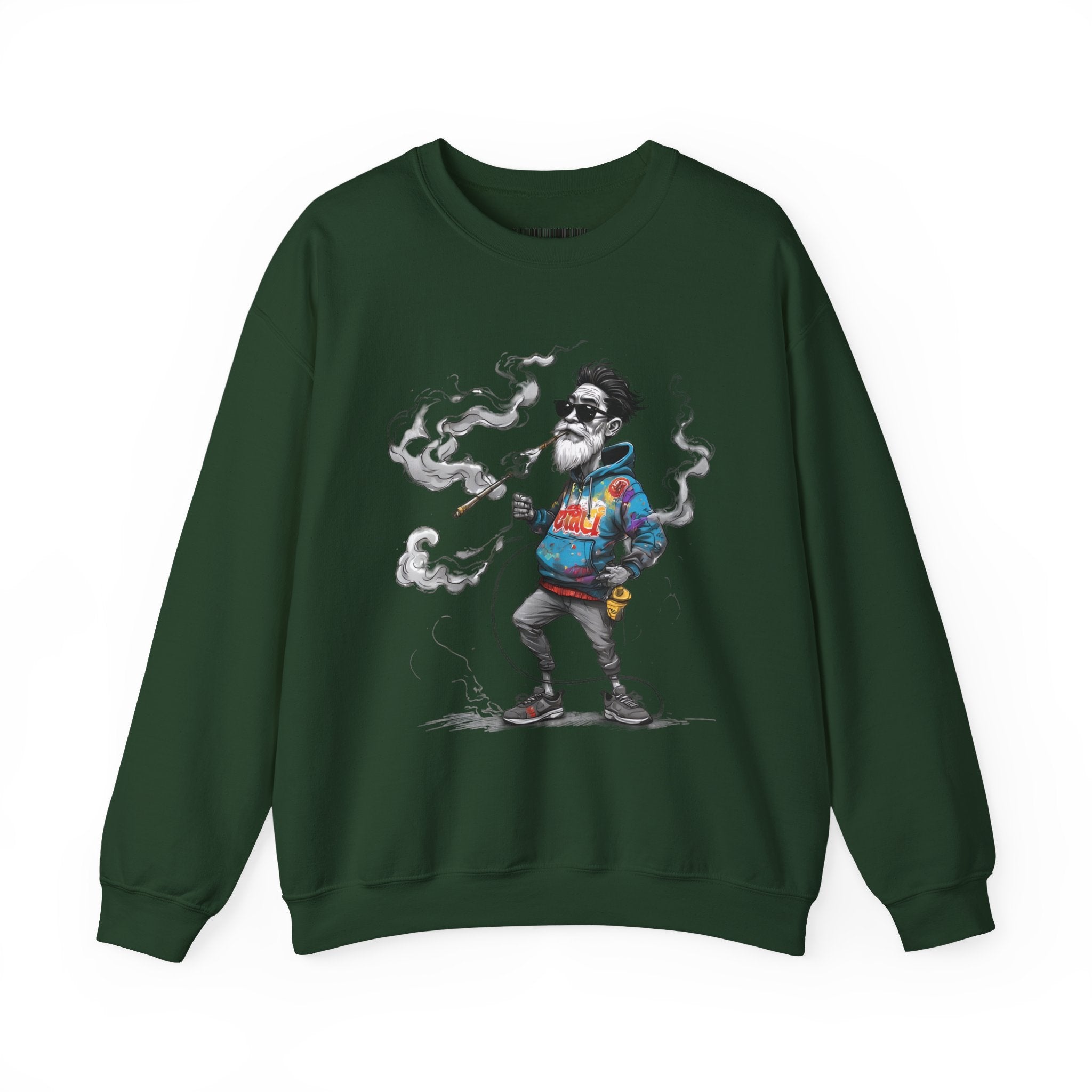 Crewneck Sweatshirt - Retro Cool Grandpa Smoking Pipe Illustration