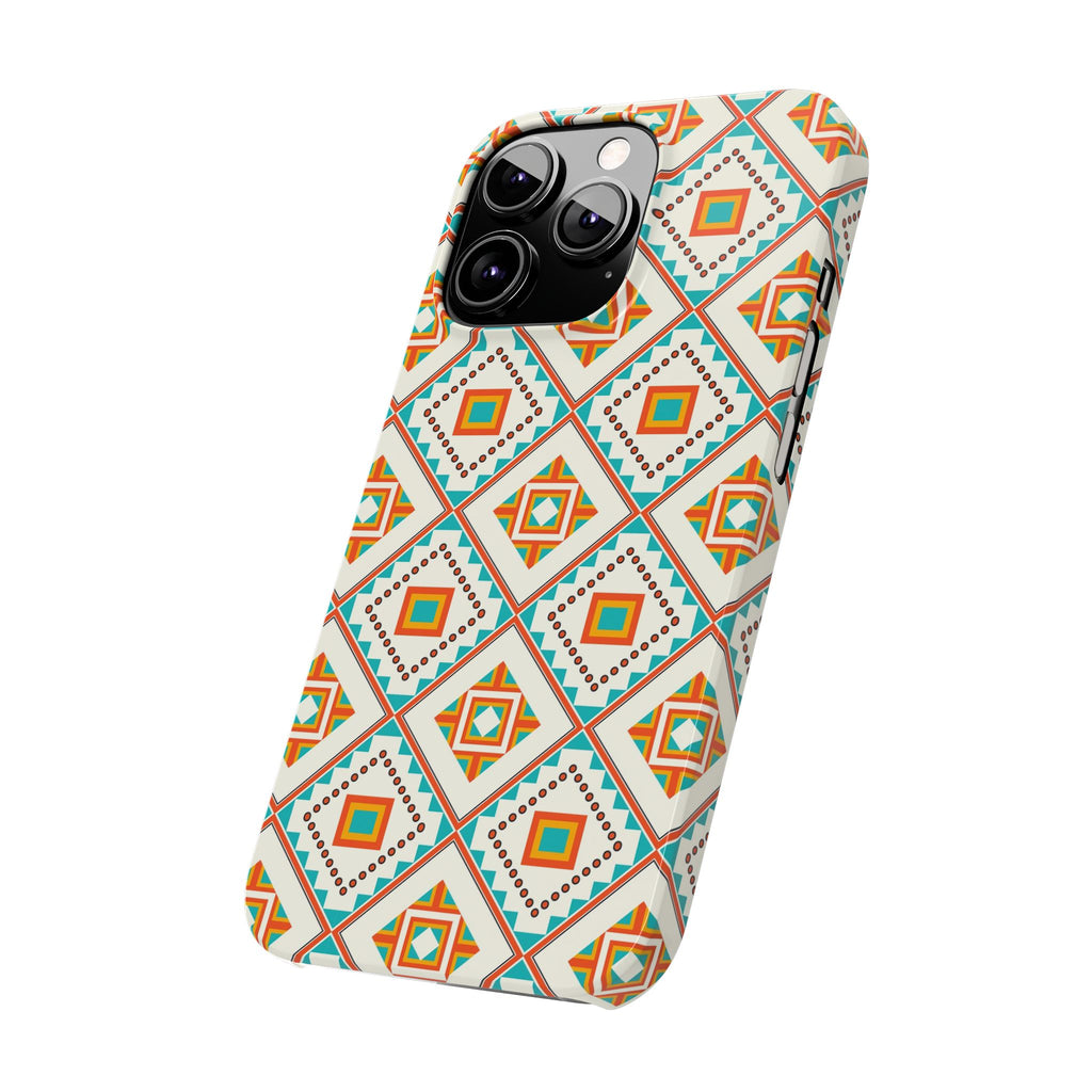 Slim Phone Case — Retro Geometric Tile Pattern (Turquoise & Orange)