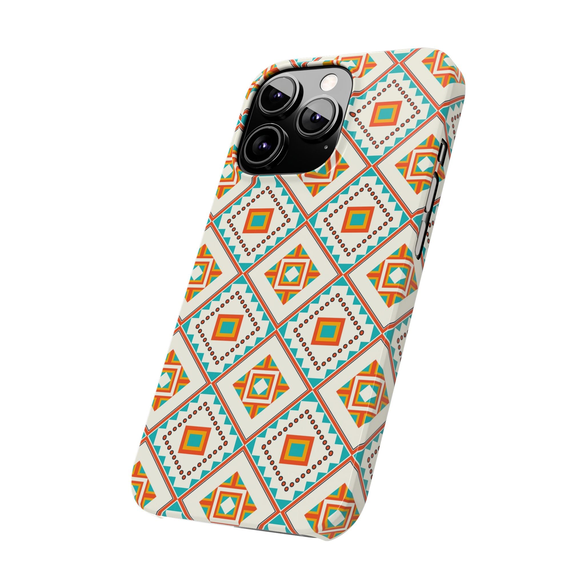 Slim Phone Case — Retro Geometric Tile Pattern (Turquoise & Orange)