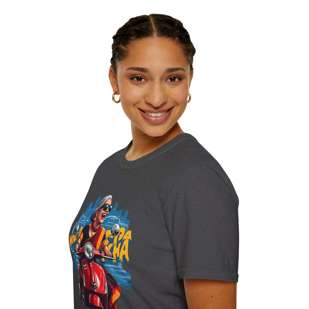Newa Maicha Riding Scooter T-Shirt – Newari Woman in New York Graphic Tee, Cultural & Urban Design