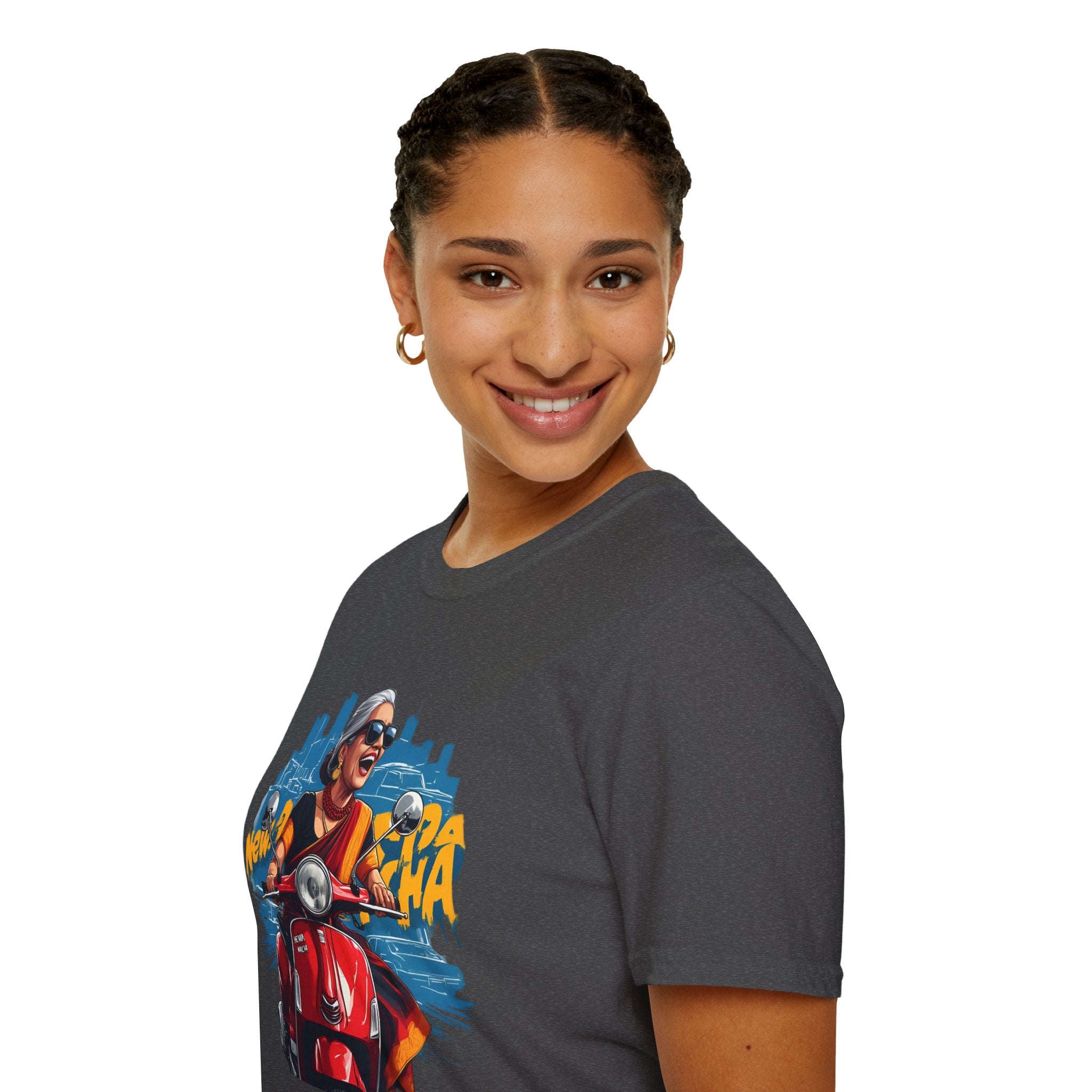 Newa Maicha Riding Scooter T-Shirt – Newari Woman in New York Graphic Tee, Cultural & Urban Design