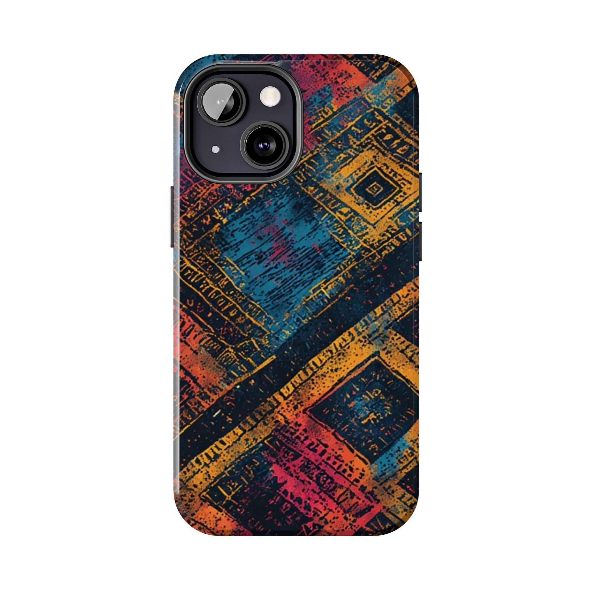 Tough Phone Case – Abstract Rustic Geometric Design (Blue, Orange, Magenta)