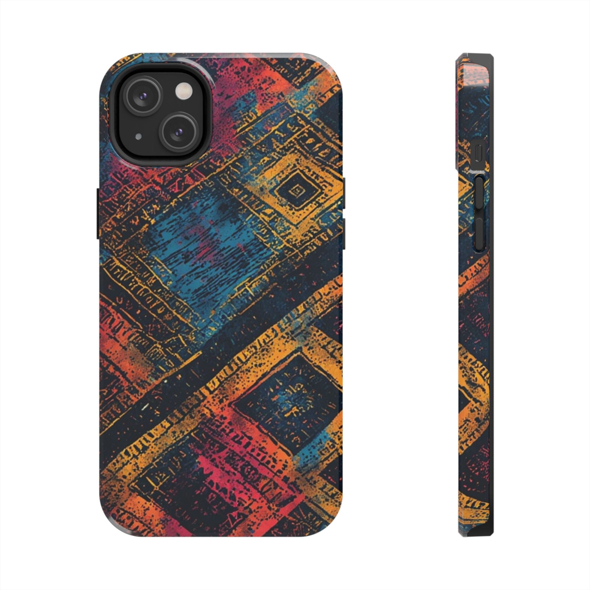 Tough Phone Case – Abstract Rustic Geometric Design (Blue, Orange, Magenta)