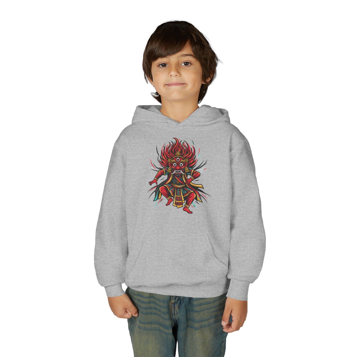 Youth Hoodie — Colorful Mythical Demon Mask Graphic