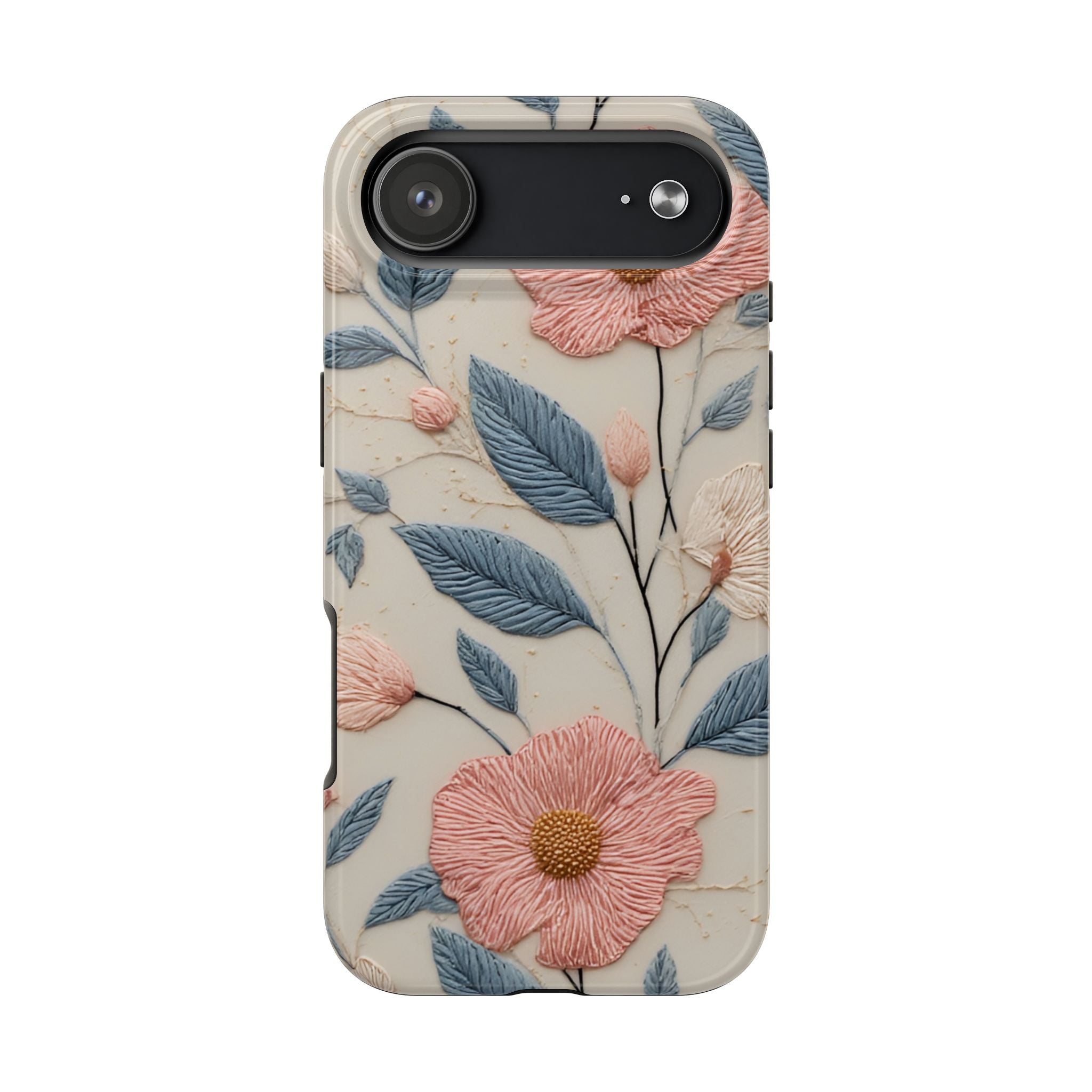 Floral Embroidered Tough Phone Case — Pink Blossom Protective Phone Cover