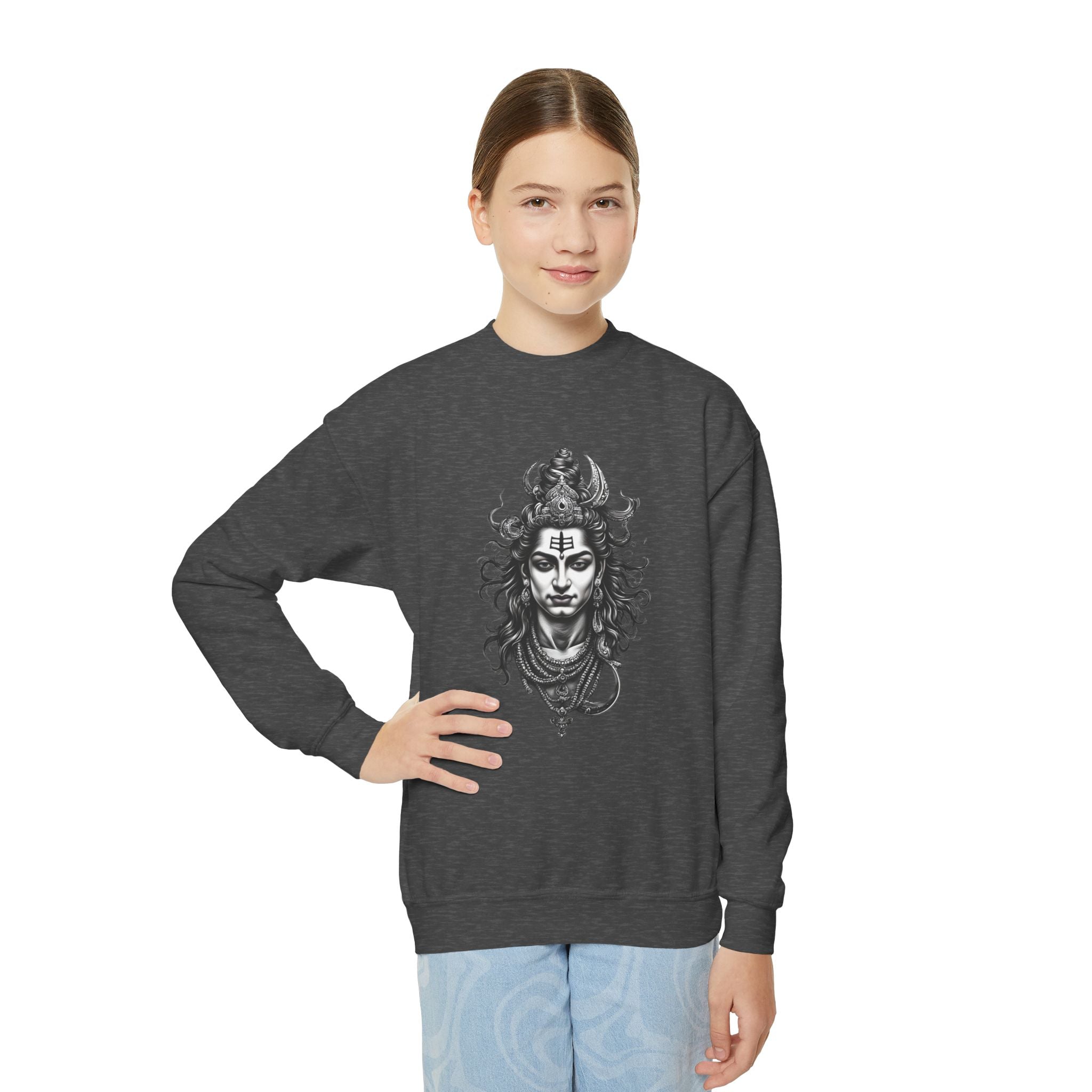 Youth Crewneck Sweatshirt — Intricate Shiva Illustration